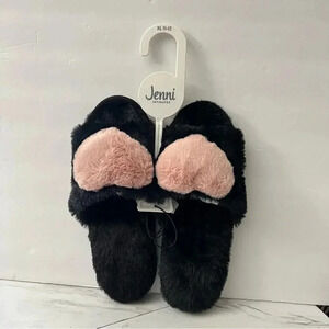Jenni Slippers Fluffy Slides Plush Faux Fur Size XL 11-12 Black/Pink Heart